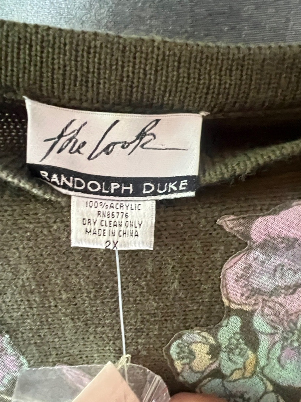 Randolph Duke Olive Knit Pullover with Pastel Floral Accents - Picture 2 of 8